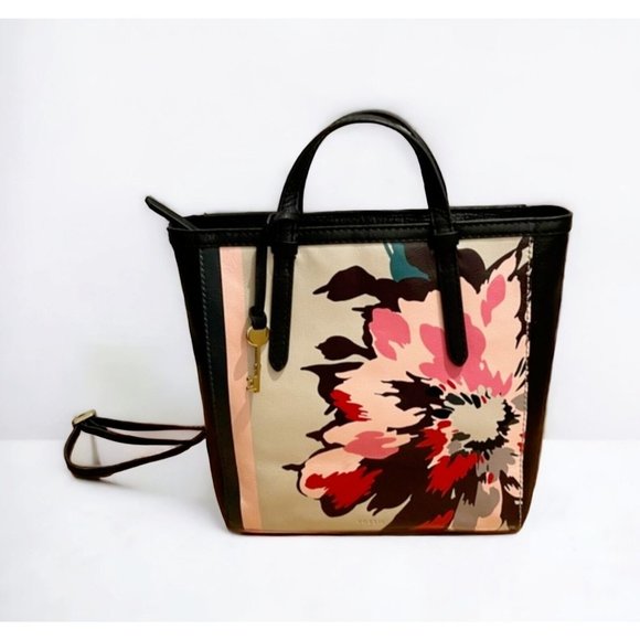 FOSSIL Camilla Small Backpack Black Floral Leather Tote - Medium in Size - Picture 7 of 7